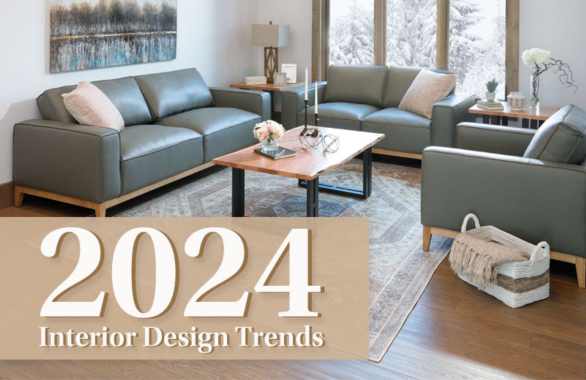 2024 Interior Design Trends. Sage Colored Leather Sofa Set.