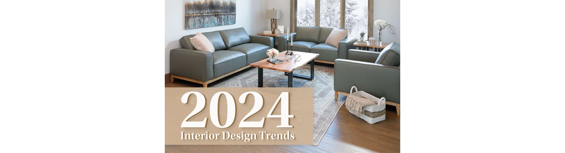 2024 Interior Design Trends. Sage Colored Leather Sofa Set.