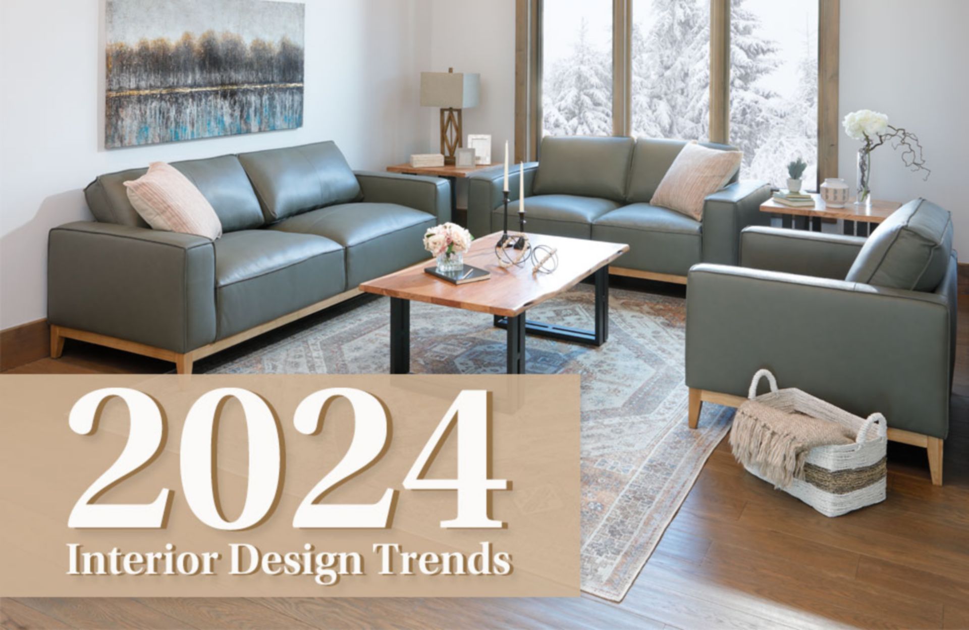 2024 Interior Design Trends. Sage Colored Leather Sofa Set.