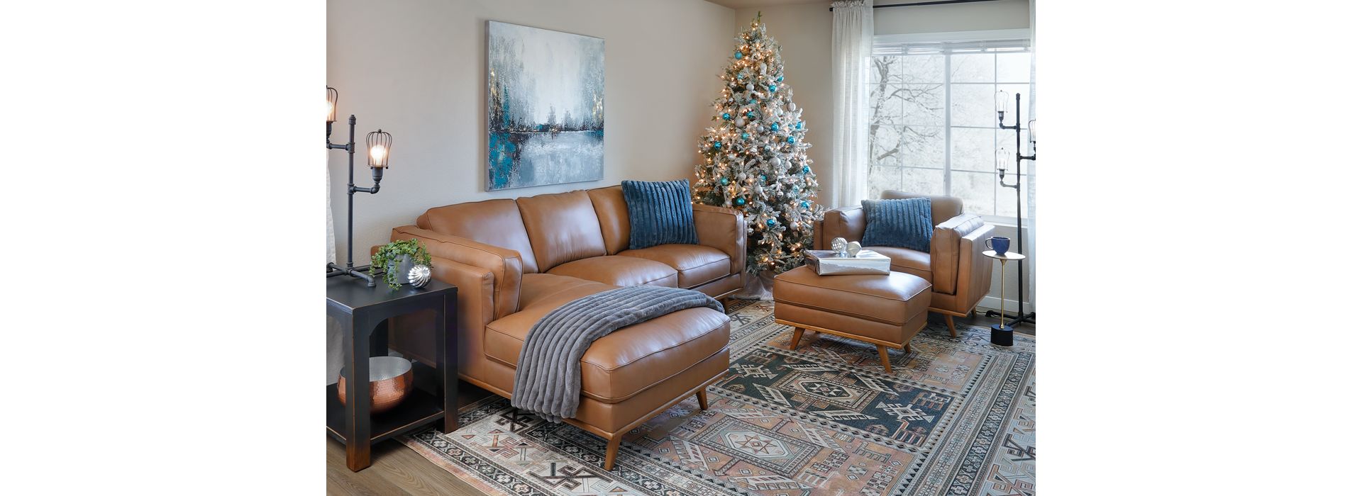 Adoro light brown Leather Sectional in Christmas living Room