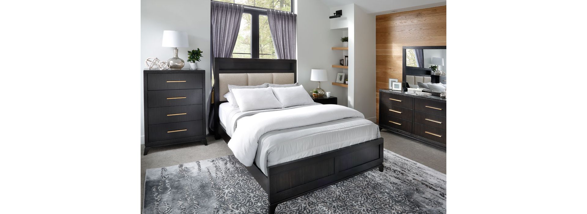 Dark Brown Wooden Bedroom set with light beige upholstered headboard with storage shelf. Bedroom set in bedroom with stylish wood accent wall and natural light. 