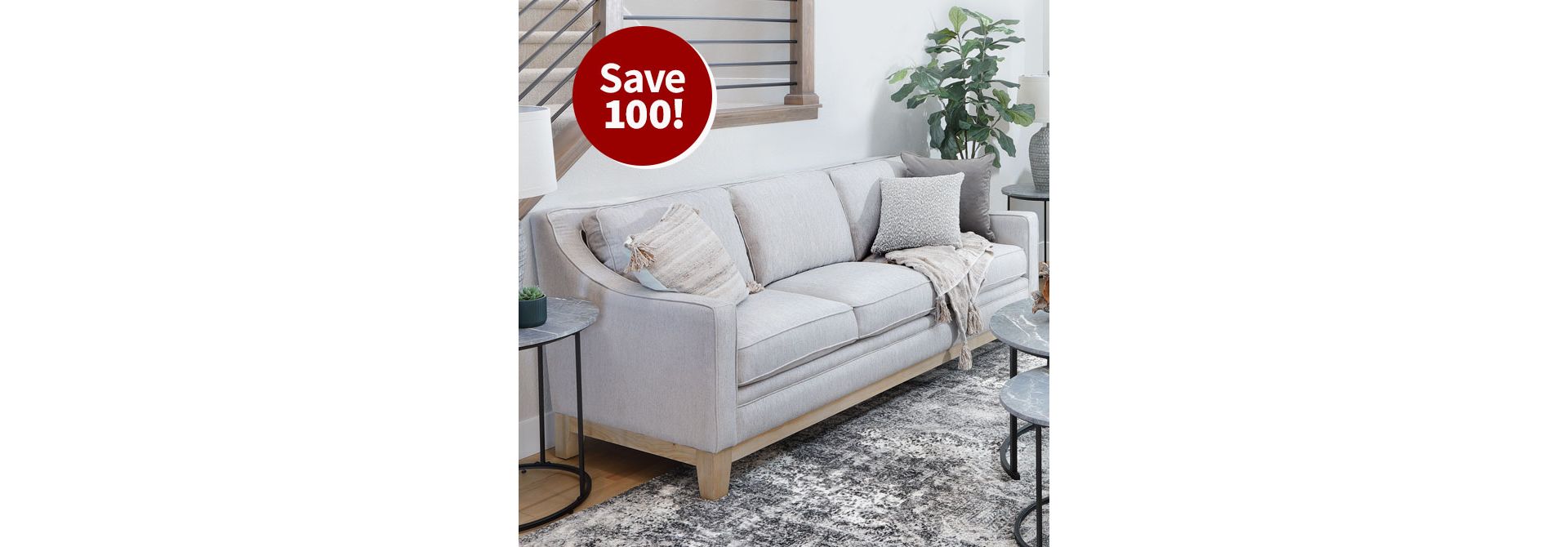 Save $100 on Light Gray Fabric Sofa with light Wooden Base in Living Room