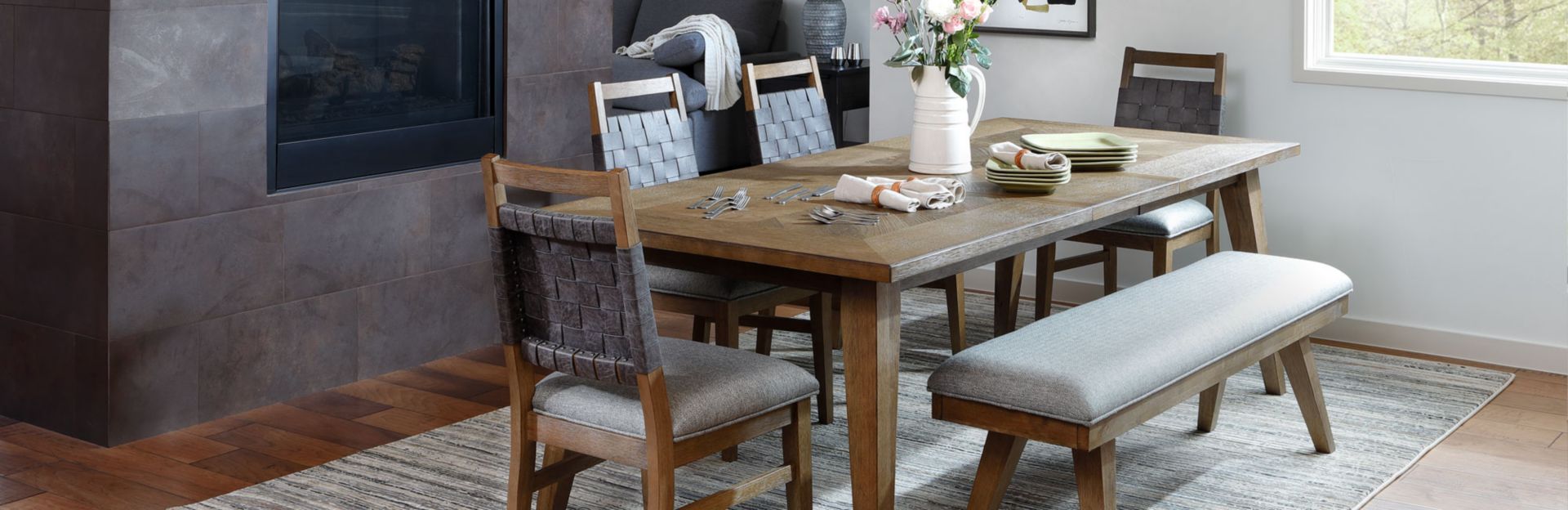 Wooden Dining Table With Leather Woven Chair Backs in Dining Room