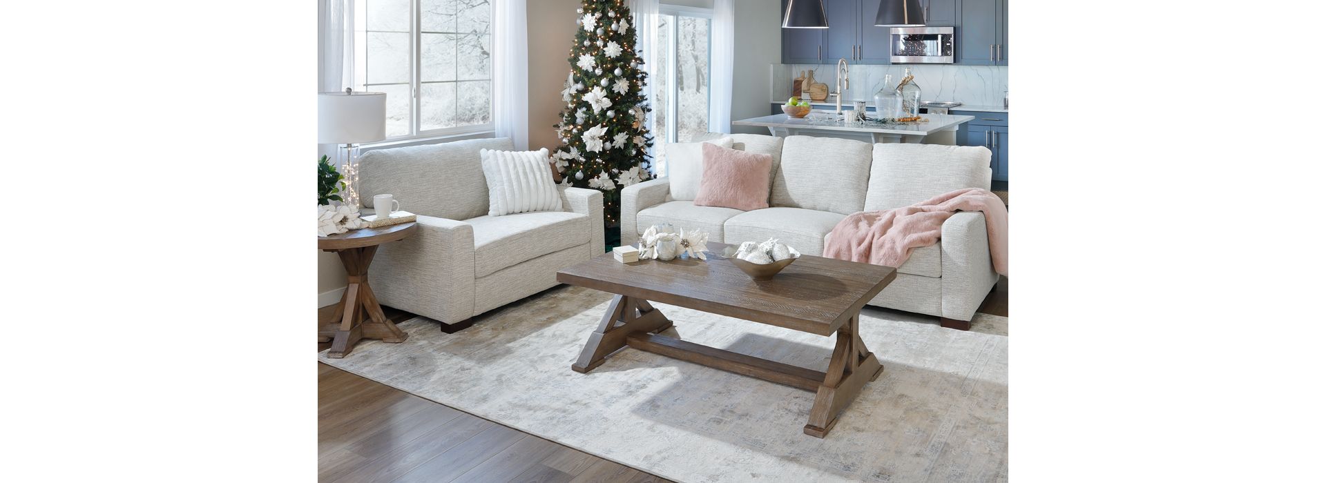 Light beige fabric sofa with track arms in Christmas Living Room