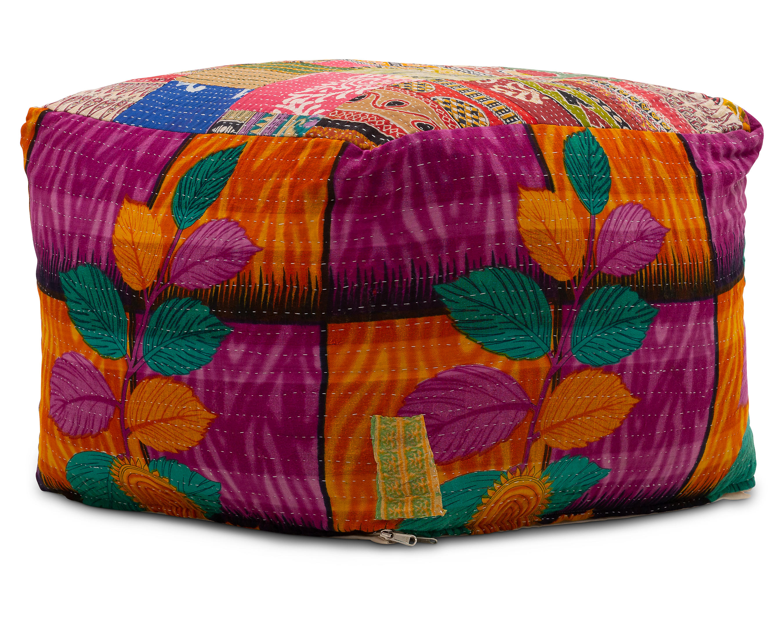 Hand-Embroidered Patchwork Ottoman Footstool - Purple Patches