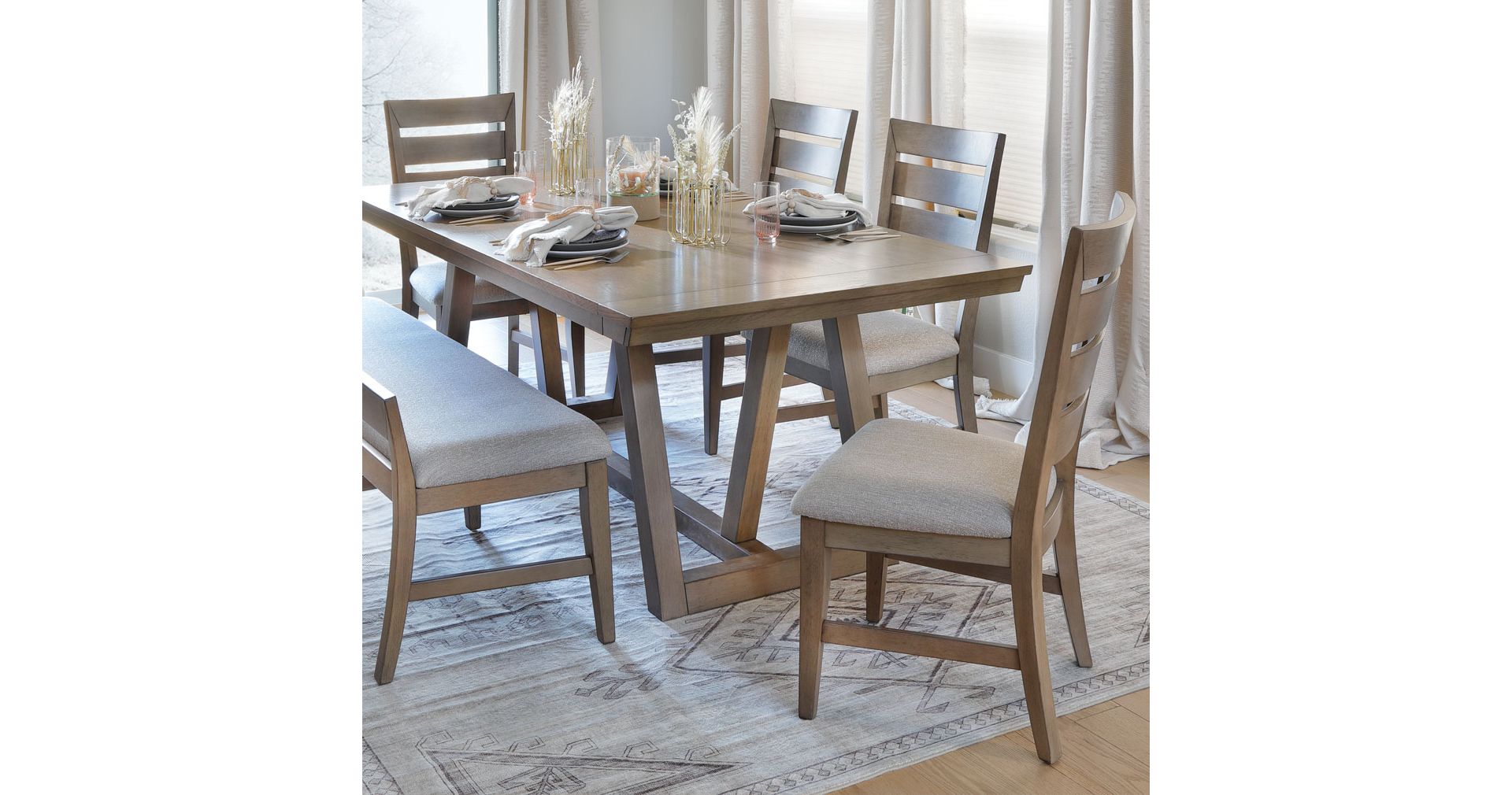 Light neutral toned wooden dining set with angled wood base