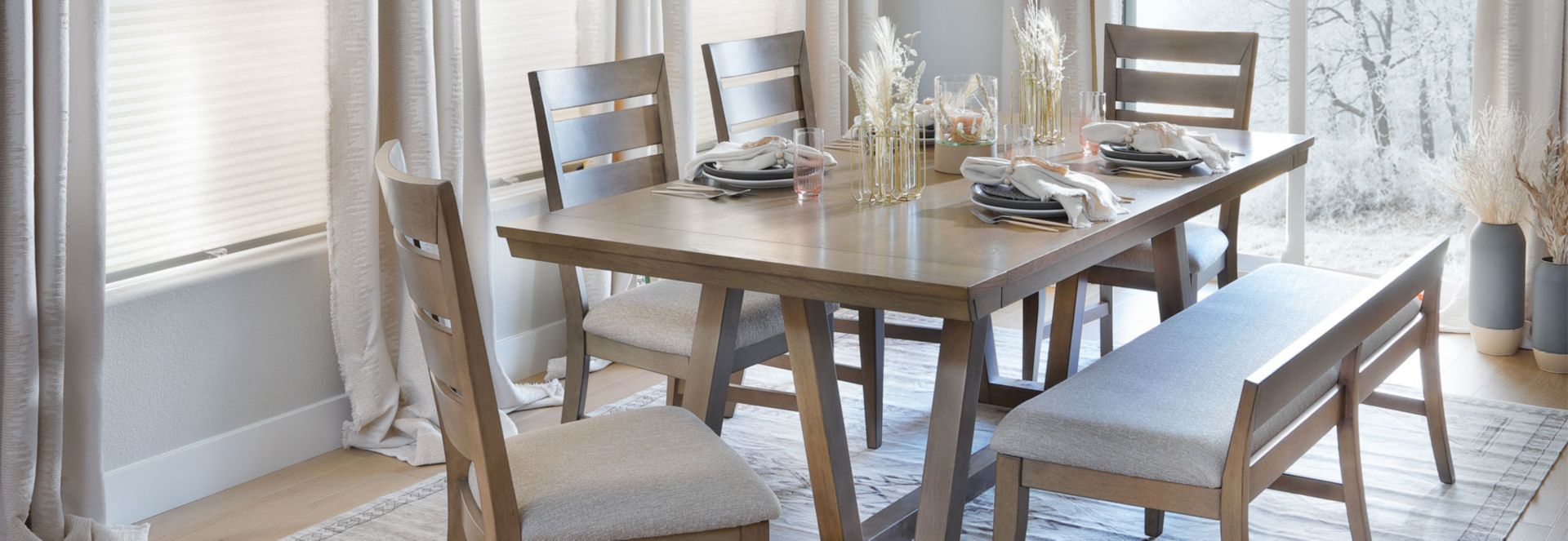 Light neutral toned wooden dining set with angled wood base