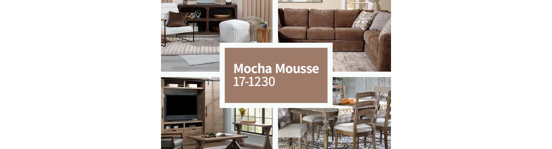 Room collage with Mocha Mousse Furniture. Mocha Mousse 17-1230.