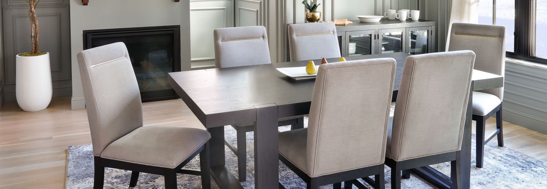 Dark Wooden Dining Table and Gray Fabric parsons Chairs with Gold Bar