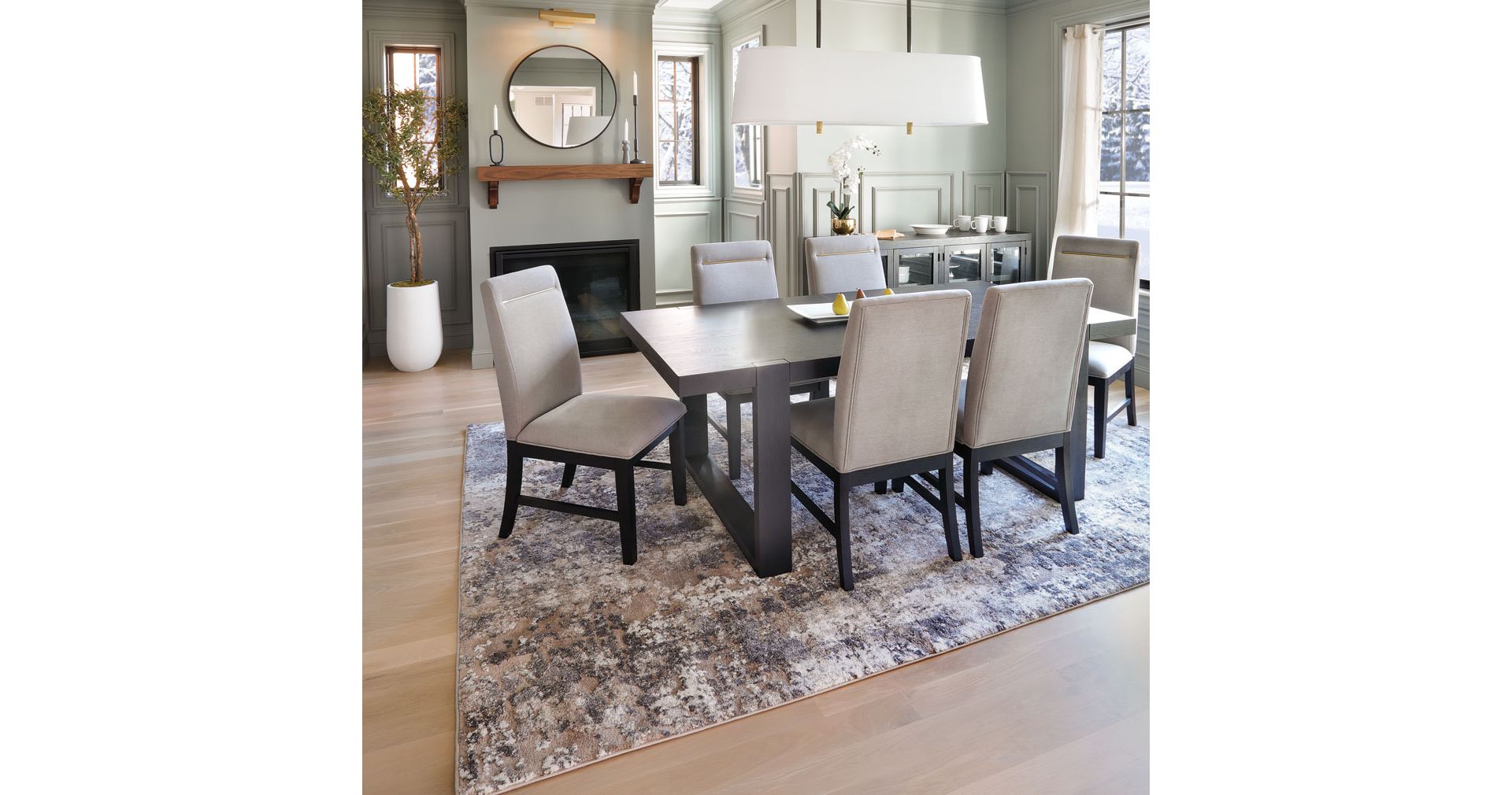 Dark Wooden Dining Table and Gray Fabric parsons Chairs with Gold Bar