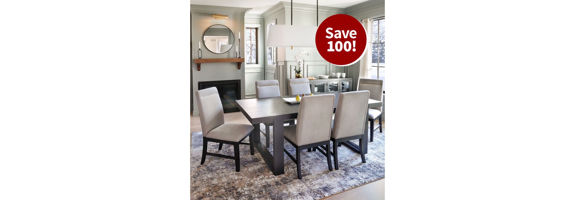 Dark Brown Dining Table with Sled Legs and Light gray parsons chairs with gold bar flourish in backrest. 