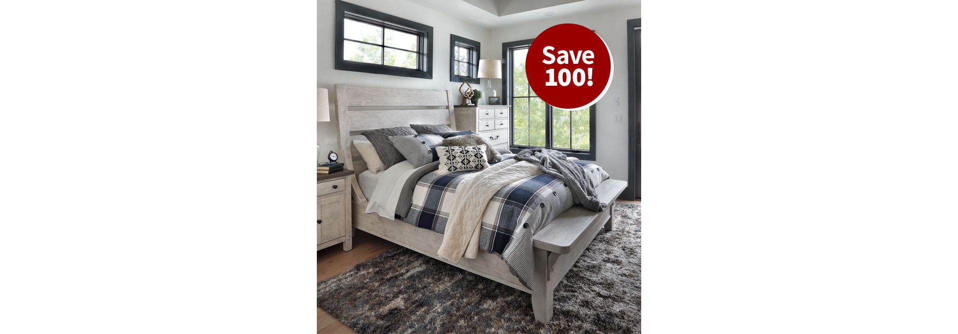 Spruce Ridge Panel Bed in Bedroom. Grayish white brushed wood paneling. Save $100..