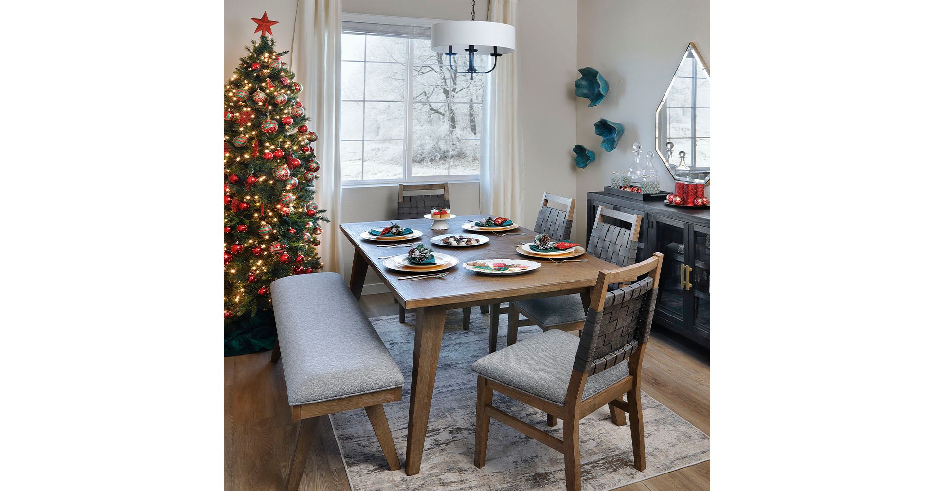 Light brown wooden table and leather backed Chairs in Christmas Dining Room