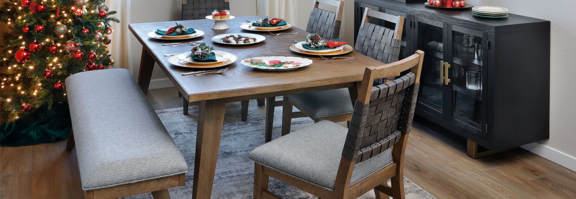 Light brown wooden table and leather backed Chairs in Christmas Dining Room