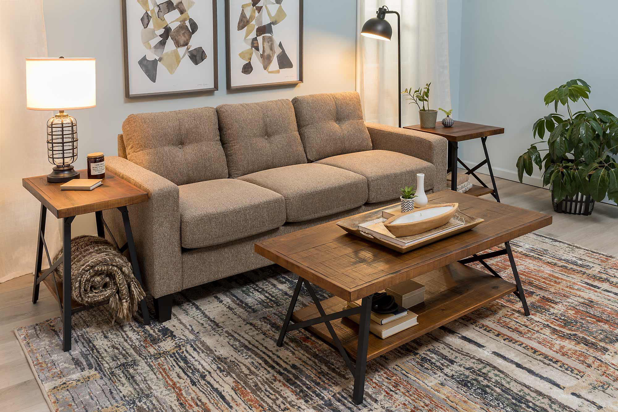 Tan Fabric Sofa Track Arm in Rustic Styled Room