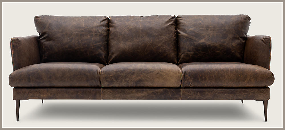 Tuscany Sofa. Brown high quality Leather Sofa with weathered look and wooden feet.