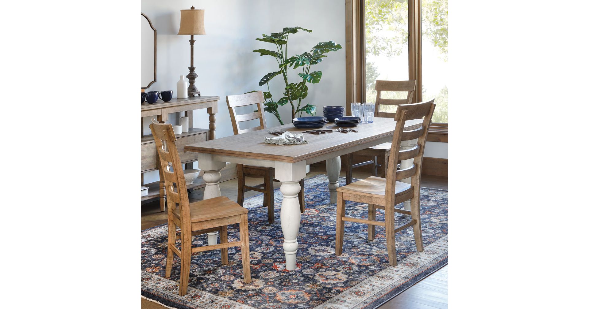 Light Brown Farmhouse Style Dining Set with white base in dining room