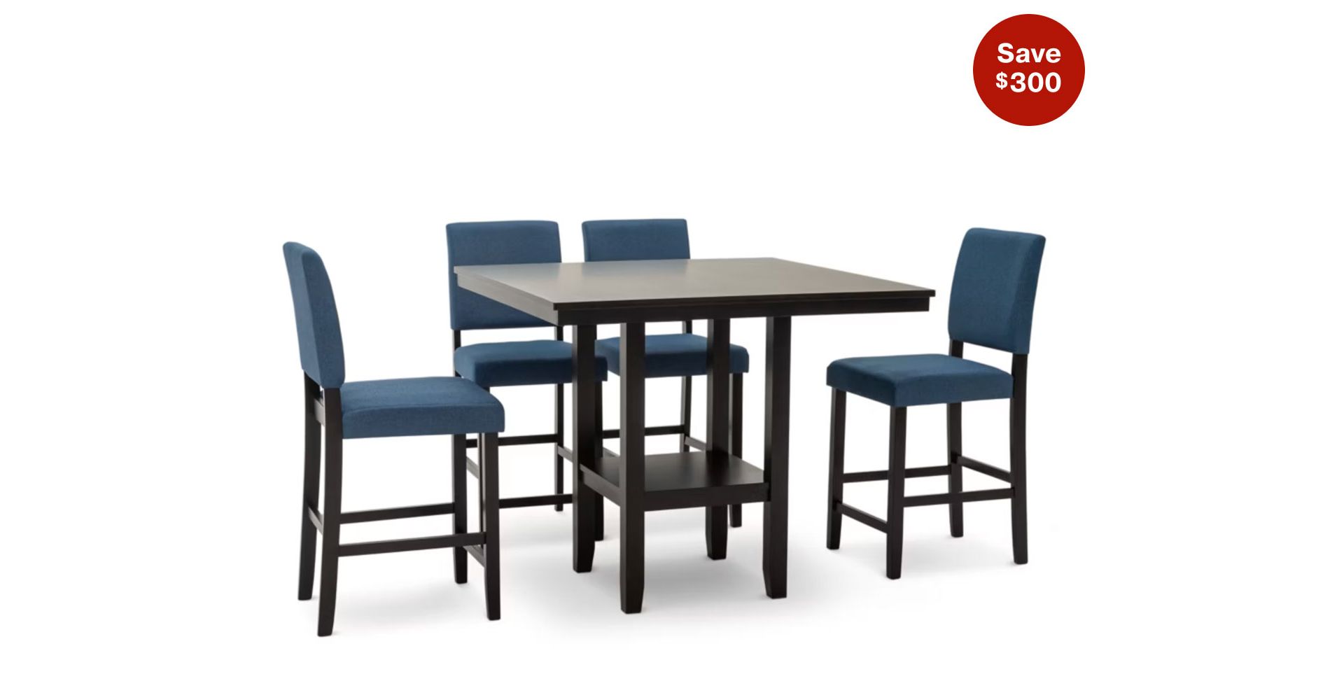 Save $300. dark brown square counter height table and four counter height chairs with navy upholstered seats. 